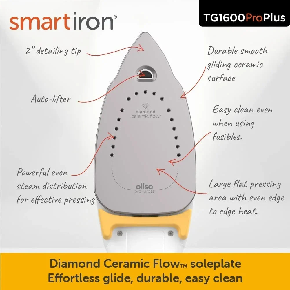 2026 NewOliso TG1600 Pro Plus 1800 Watt SmartIron with Auto Lift - for Clothes, Sewing, Quilting and Crafting Ironing | Diamond Ceramic-Flow Soleplate Steam Iron, Yellow