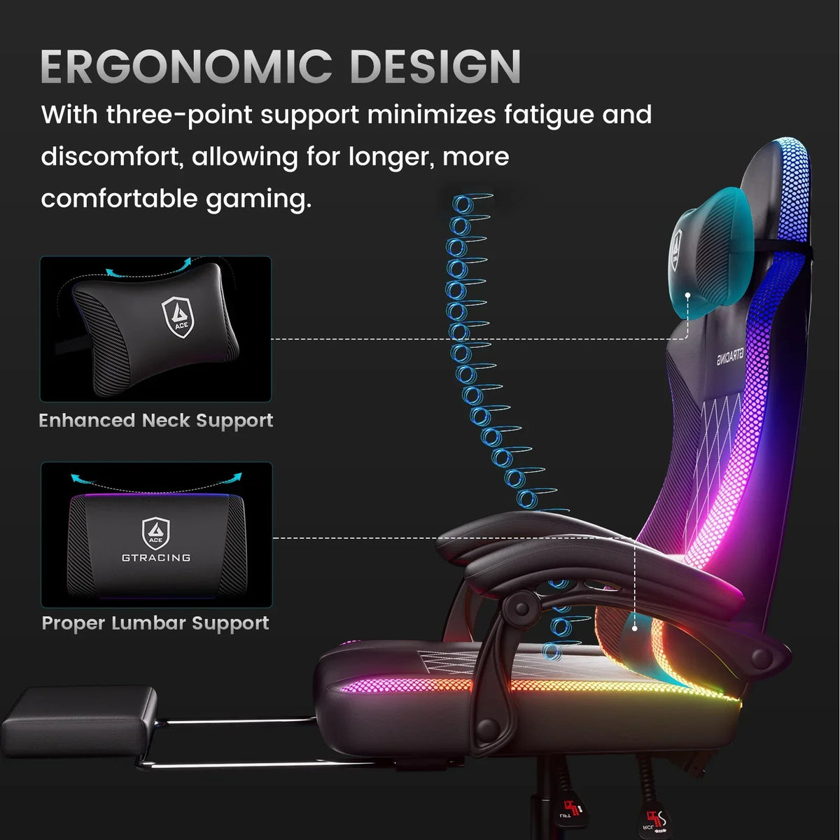 2026 NewGTRACING RGB Ergonomic Gaming Chair with Massage, LED Lights, Footrest, Lumbar Support and Backrest, Black