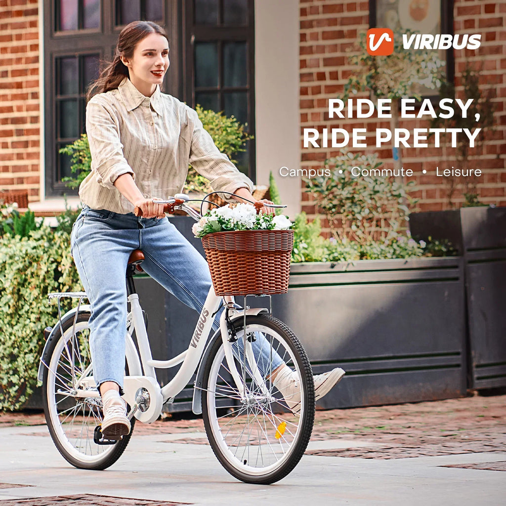 2026 NewViribus Women's Comfort Bike 24 inch Beach & City Cruiser Bicycle with Basket Rack White