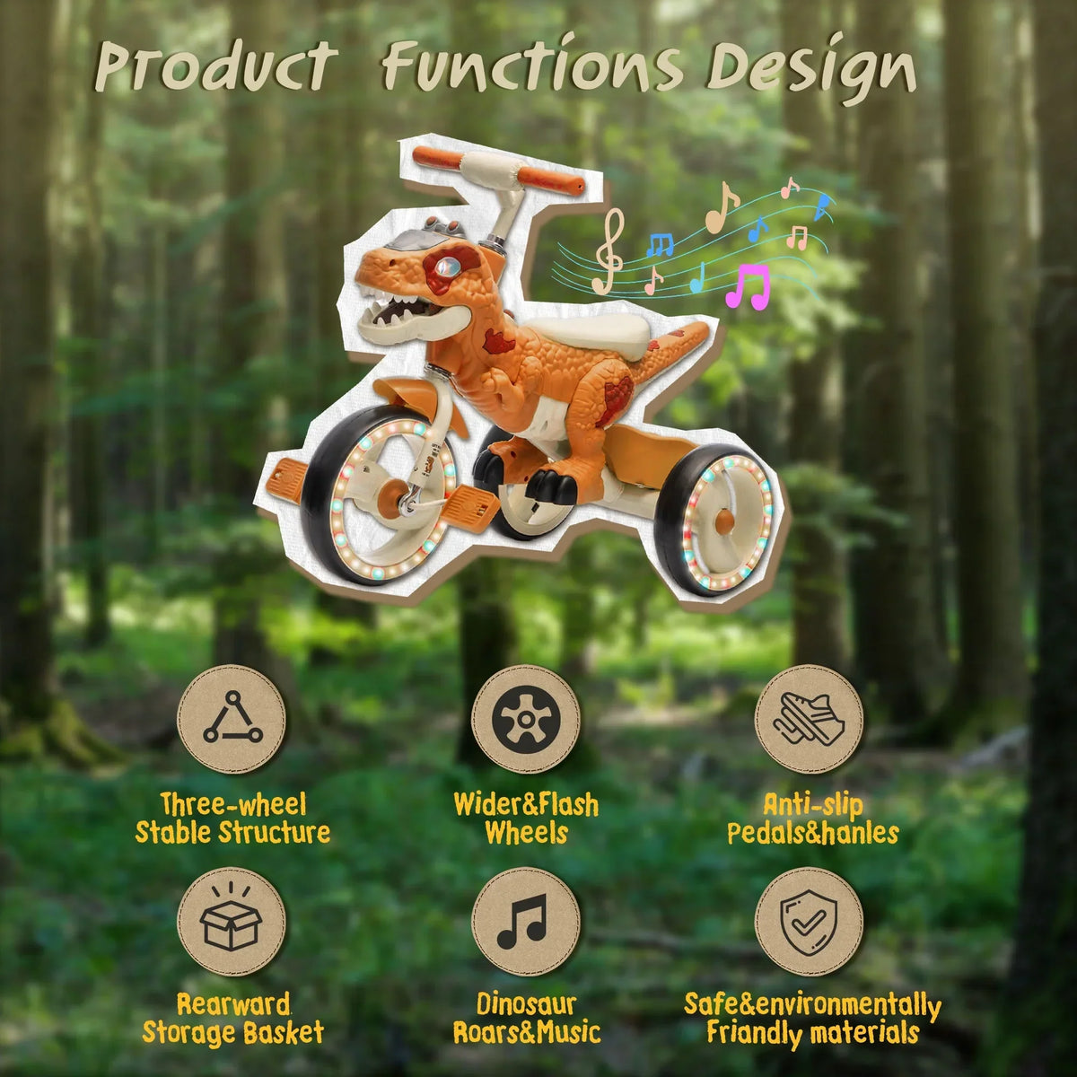 2026 NewXuanlur Kids Ride on Dinosaur Tricycle, Toddlers Kid Trike with Wide Flash Wheels, Anti-Slip Pedals, Rear Basket, Music & LED Lights, Toddler Bike Toys Gift for 3-6 Year Old Boys & Girls (Green)