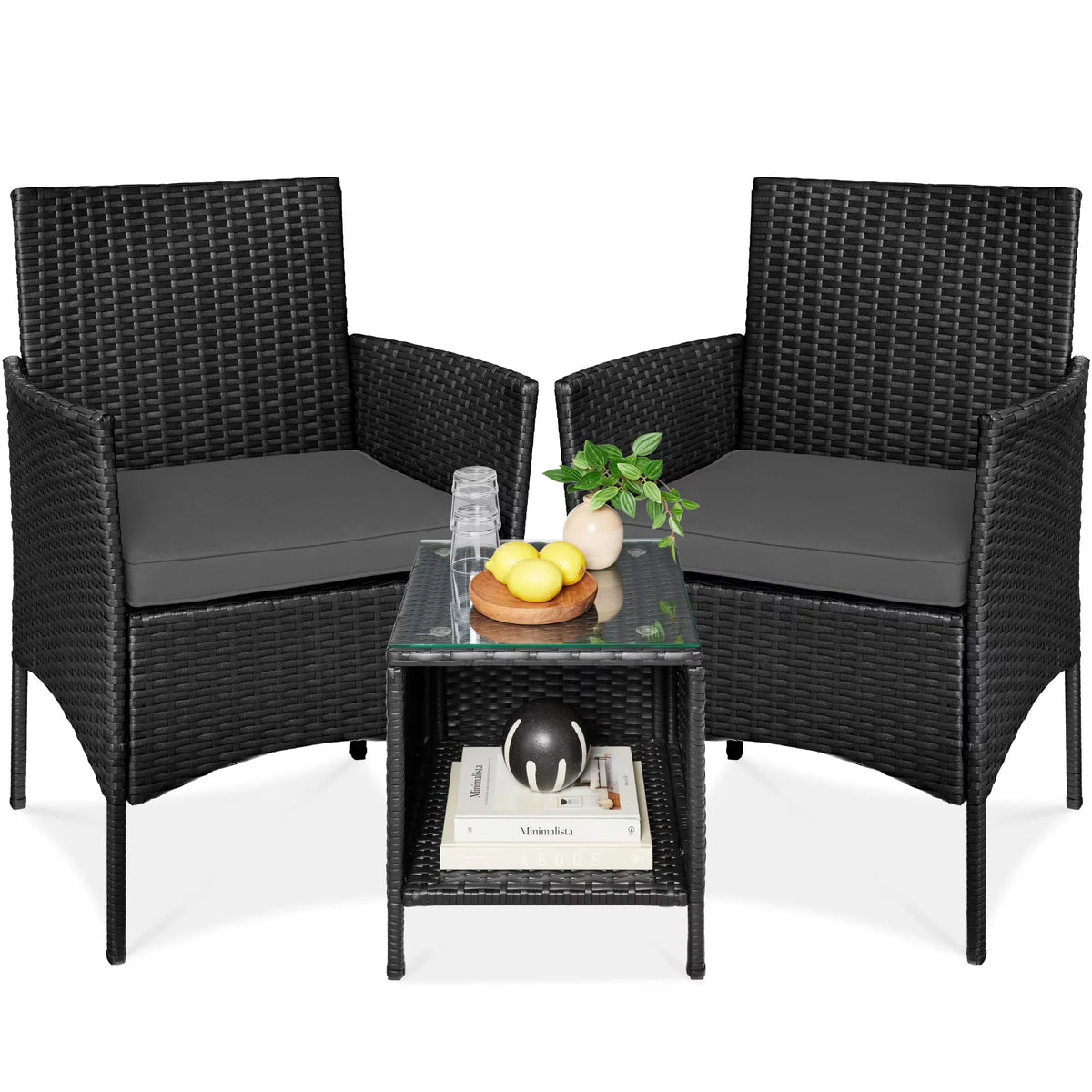 2026 NewBest Choice Products 3-Piece Outdoor Wicker Conversation Patio Bistro Set, w/ 2 Chairs, Table - Gray/Navy