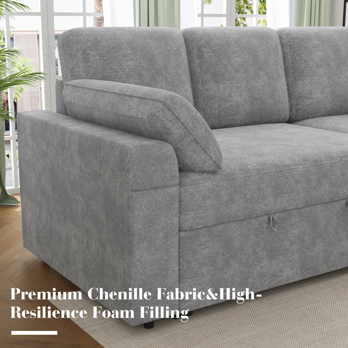 2026 NewVANACC Sofa Bed, Adult Sleeper Sofa with Storage Chaise, Pull Out Couch for Bed Room, Gray Chenille