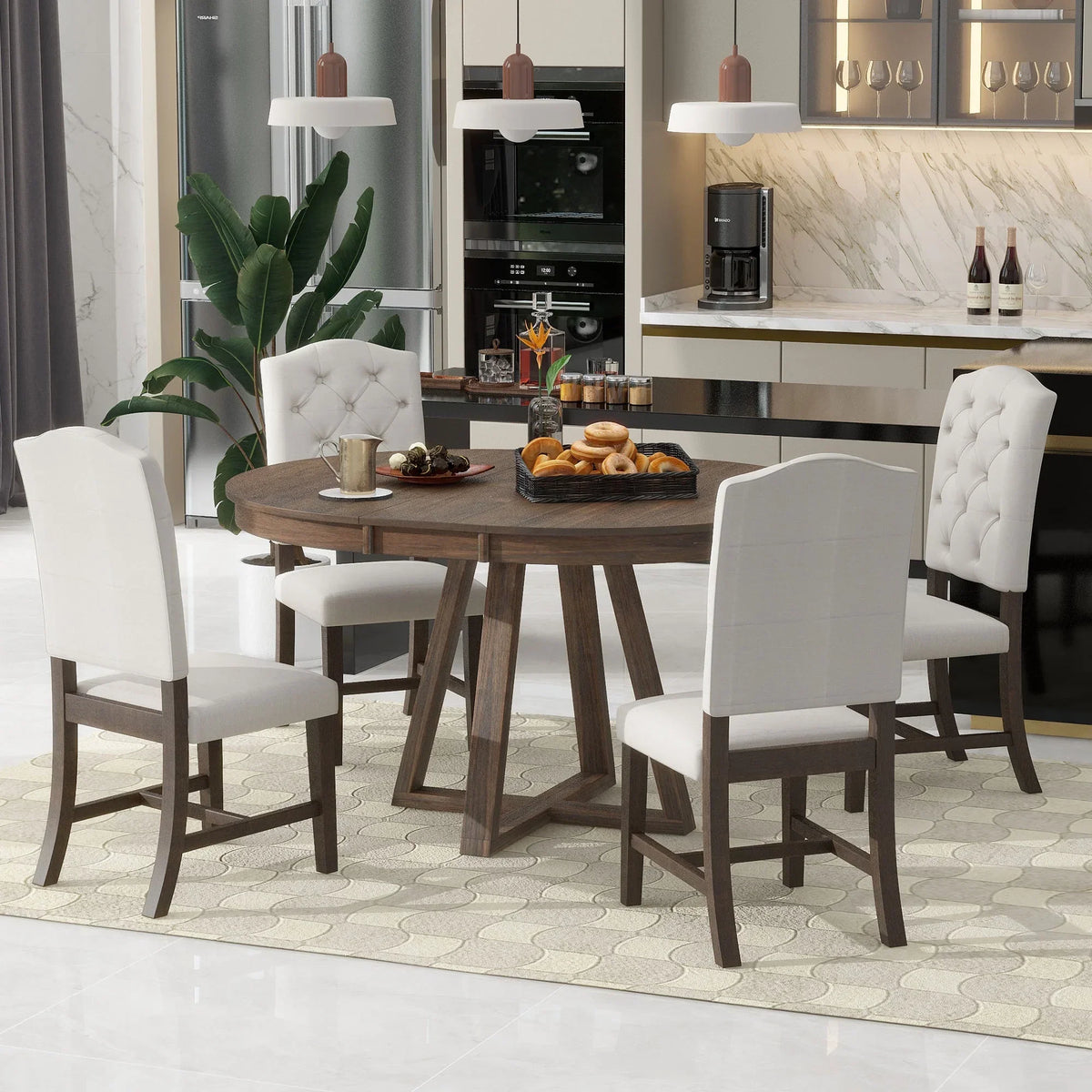 2026 New5 Piece Round Dining Table Set, Dining Room Set with Extendable Table and 4 Upholstered Chairs, Wood Dining Table Set for 4, Farmhouse Dining Table Set for Kitchen Dining Room Dorm Apartment, Brown