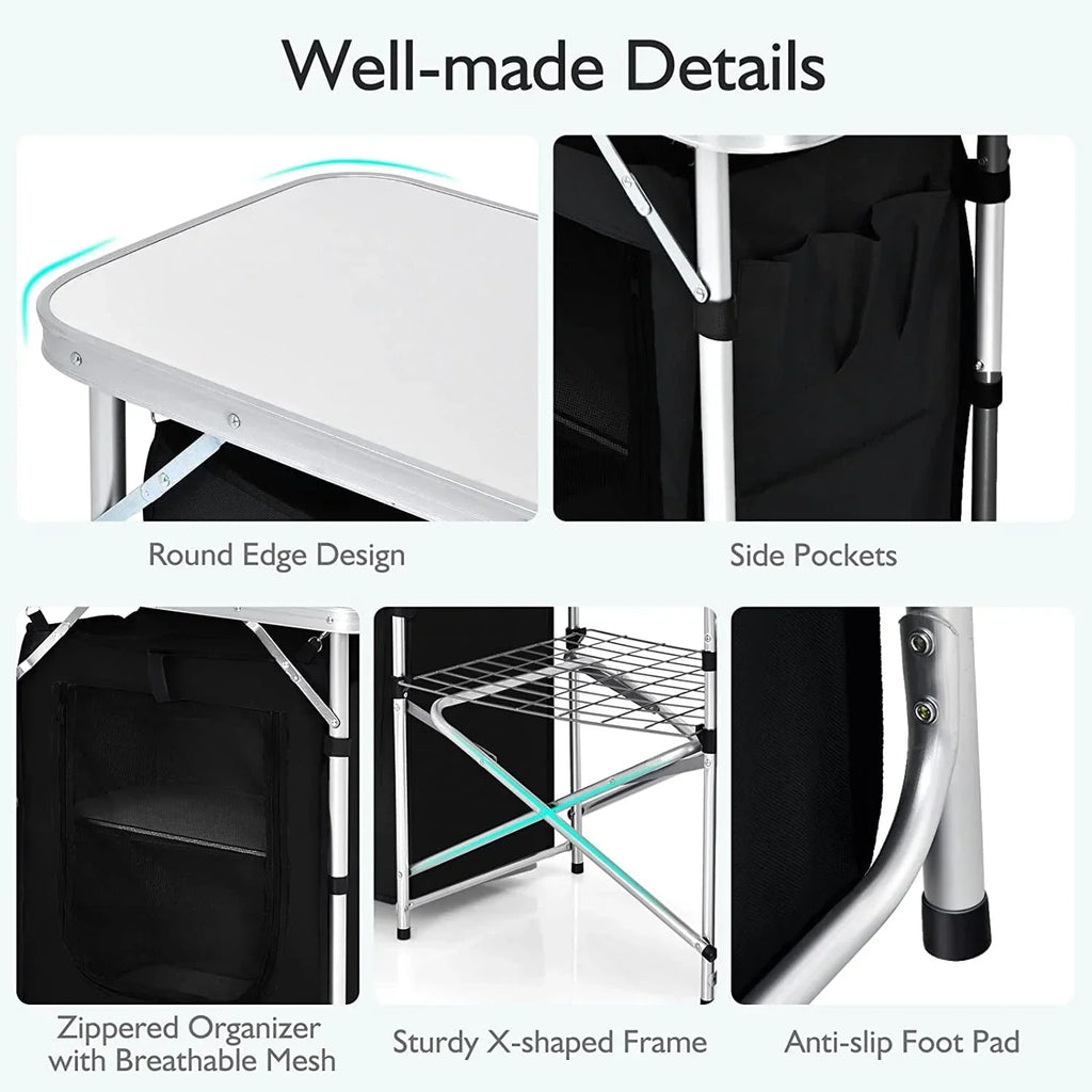 2026 NewCamping Kitchen Table with Storage, Aluminum Portable Outdoor Cooking Table with Windscreen, Foldable Camp Table Cook Station for BBQ, Grill, Party, Picnics