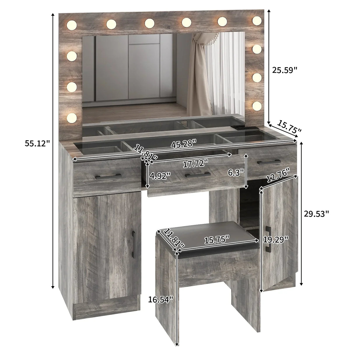 2026 NewKtaxon Large Makeup Vanity, Vanity Table Set w/ Visible Glass Top w/ Charging Station, White