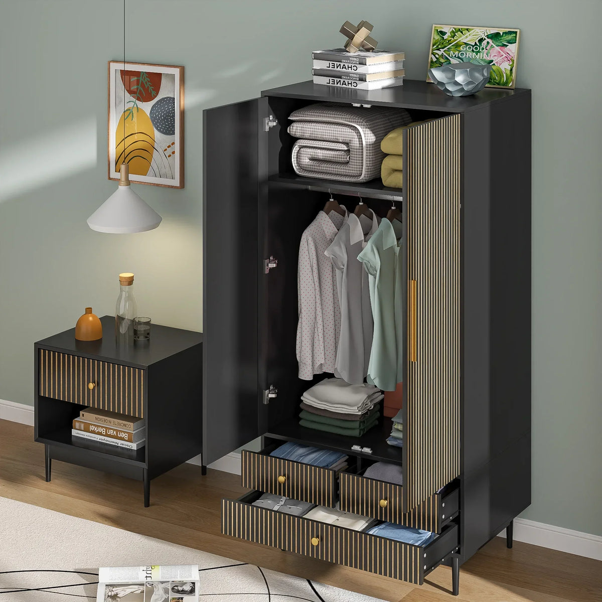 2026 NewArmoire Wardrobe Closet with 2 Doors, Wardrobe Cabinet with Hanging Rod and Drawers, Wooden Closet for Bedroom, White