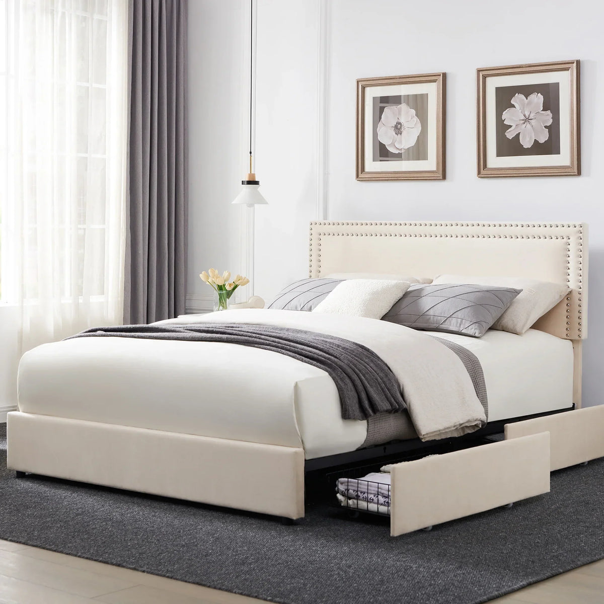 2026 NewVECELO Full Bed Frame with 4 Storage Drawers (Wheeled) and Tufted Upholstered Adjustable Headboard Platform Bed, Beige