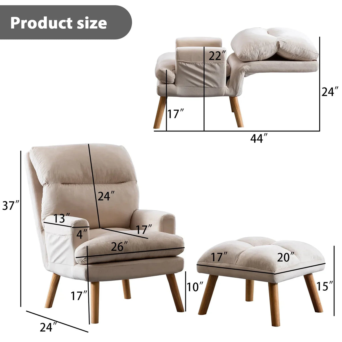 2026 NewBestier Adjustable Accent Chairs with Ottoman, Velvet Fabric Armchair for Bedroom Living Room, Comfy Lounge Chair with Padded Backrest and Side Pocket, Soft Reading Chair, Beige