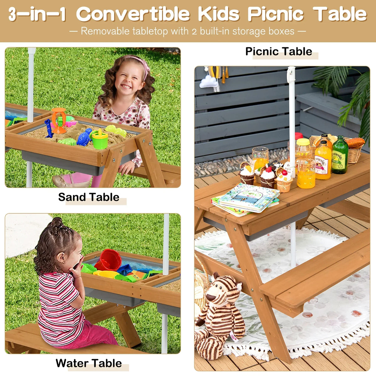 2026 NewCostway 3-in-1 Kids Picnic Table Wooden Outdoor Sand & Water Table with Umbrella Play Boxes Green