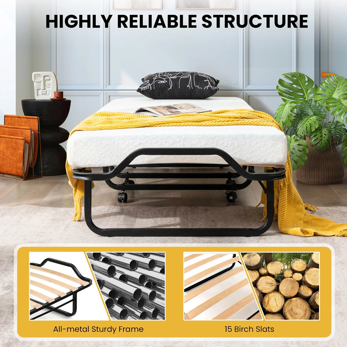 2026 NewGymax Portable Foldable Guest Bed w/ Solid Wood Slats & Metal Frame Rollaway Bed for Adults w/ Wheel