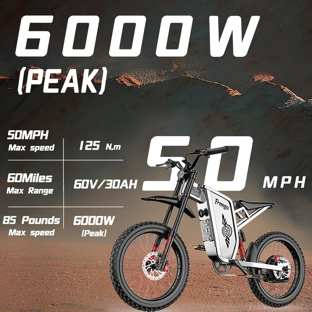 2026 New50MPH Electric Dirt Bicycle Freego X2 Pro,6000W(Peak)Motor Electric Motorcycle, Electric Bike for Adults, 60V30AH Battery, 19x2 Tire Full Suspension Hydraulic Brake Half Throttle UL2849