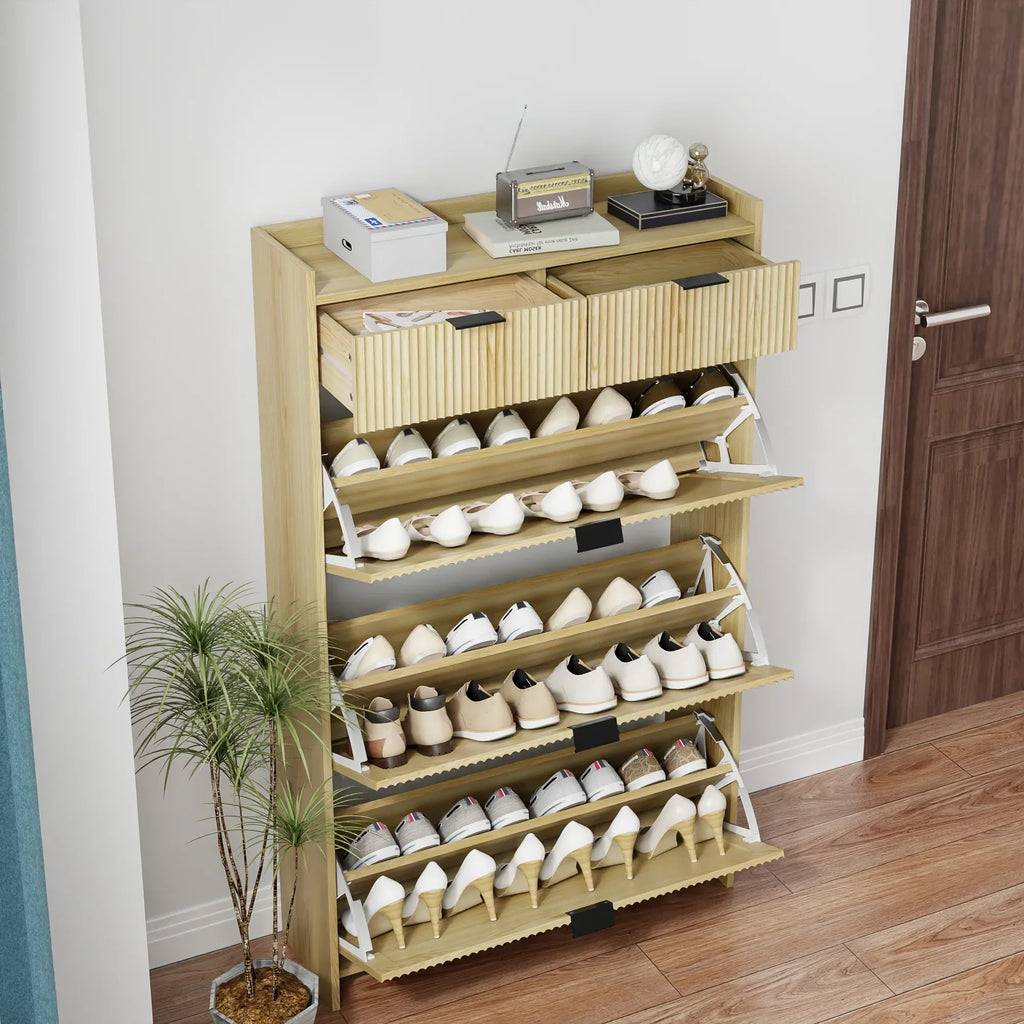 2026 NewShoe Cabinet, Free Standing Tipping Bucket Shoe Rack Organizer with 3 Flip Drawers, Modern Entryway Narrow Shoe Rack with 2 Drawers & Top Storage, for Hallway Bedroom, Walnut