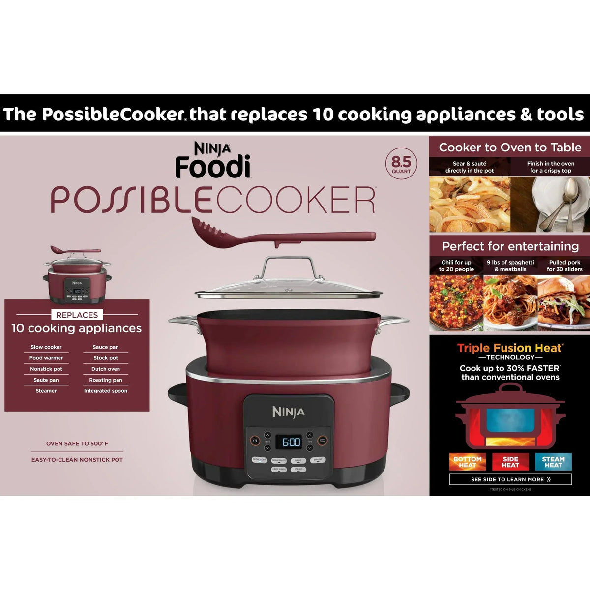2026 NewNinja Foodi Possible Cooker, 8.5 Quart, 6-in-1 Multi-Cooker, Slow Cooker, Steamer, Glass Lid Integrated Cooking Utensil, Nonstick, Oven Safe Pot to 500°F, Cherry Tarte, MC1000WM