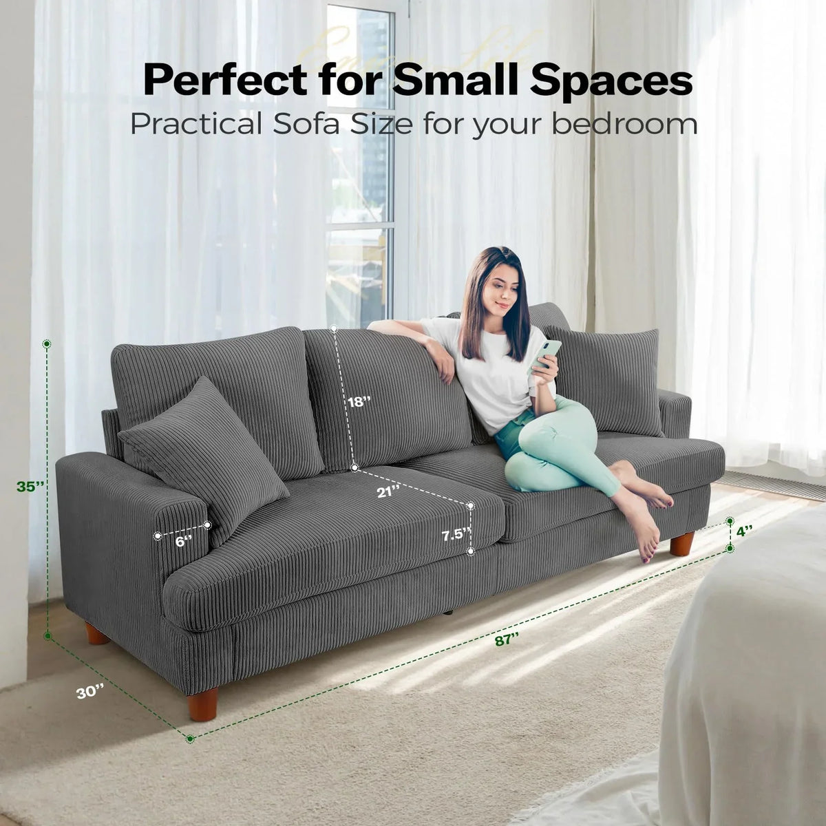 2026 New87" Corduroy Sofa,3 Seater Sofa with Extra Deep Seats,Neche Comfy Upholstered Couch for Living Room,2 Pillows,Green