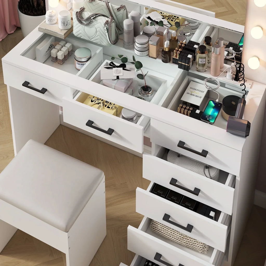2026 NewKtaxon Large Makeup Vanity, Vanity Table Set w/ Visible Glass Top w/ Charging Station, White