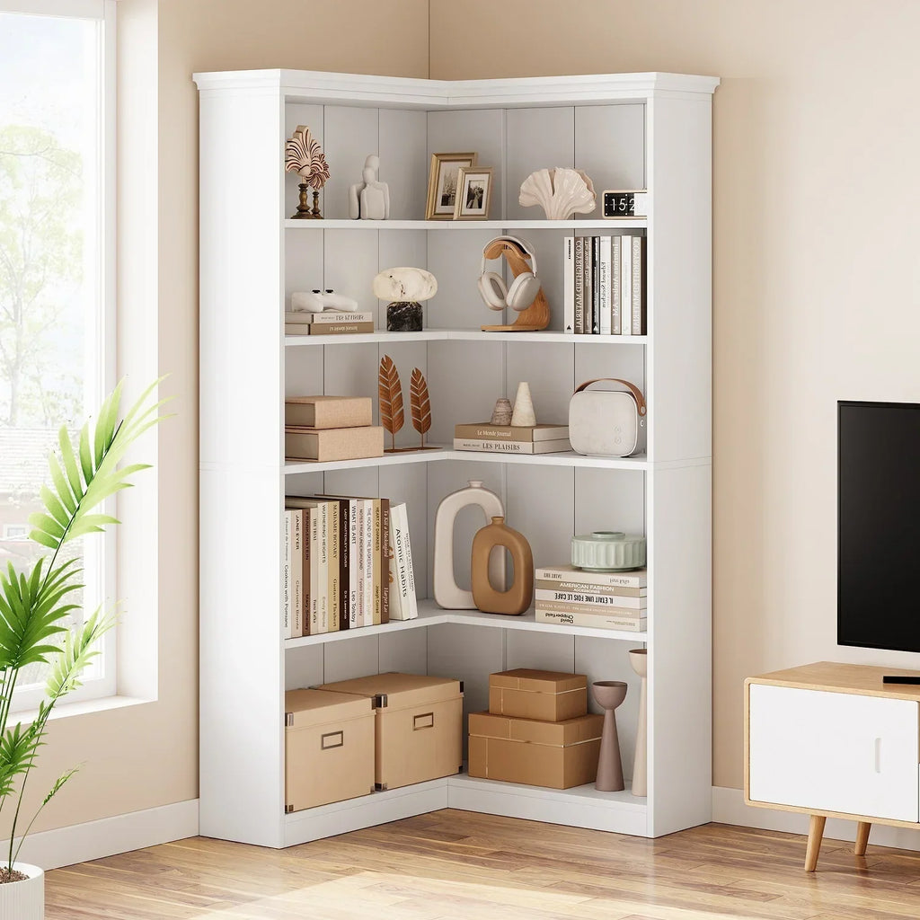 2026 NewEuKer 5 Tier Corner Bookcase, L-Shaped Bookshelf with Large Storage Capacity for Living Room, Bedroom, Office (Half Panel, Retro Brown)