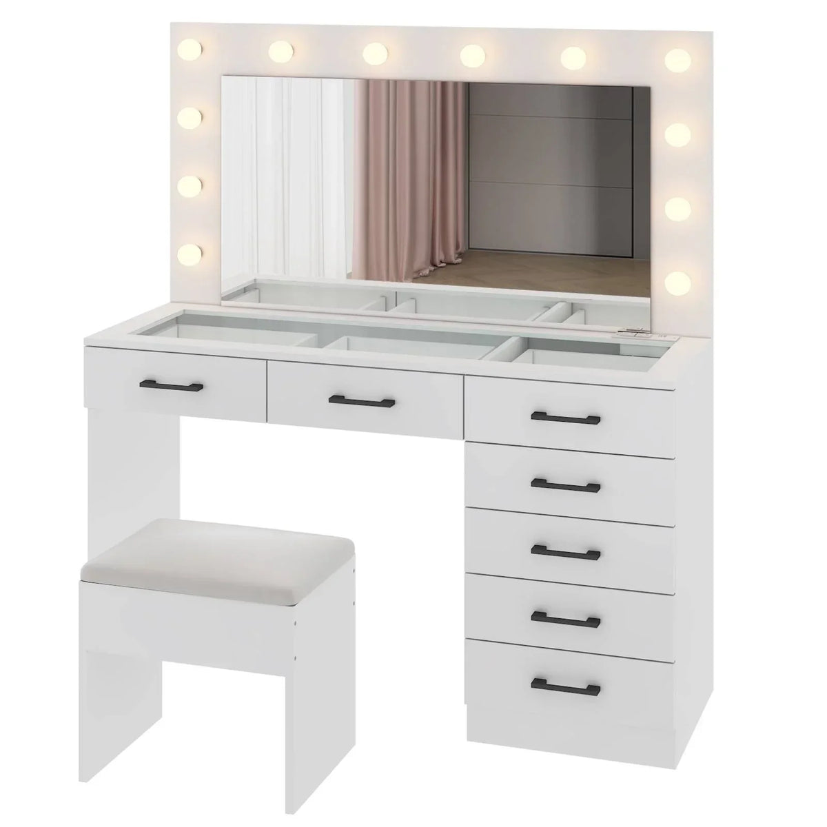 2026 NewKtaxon Large Makeup Vanity, Vanity Table Set w/ Visible Glass Top w/ Charging Station, White
