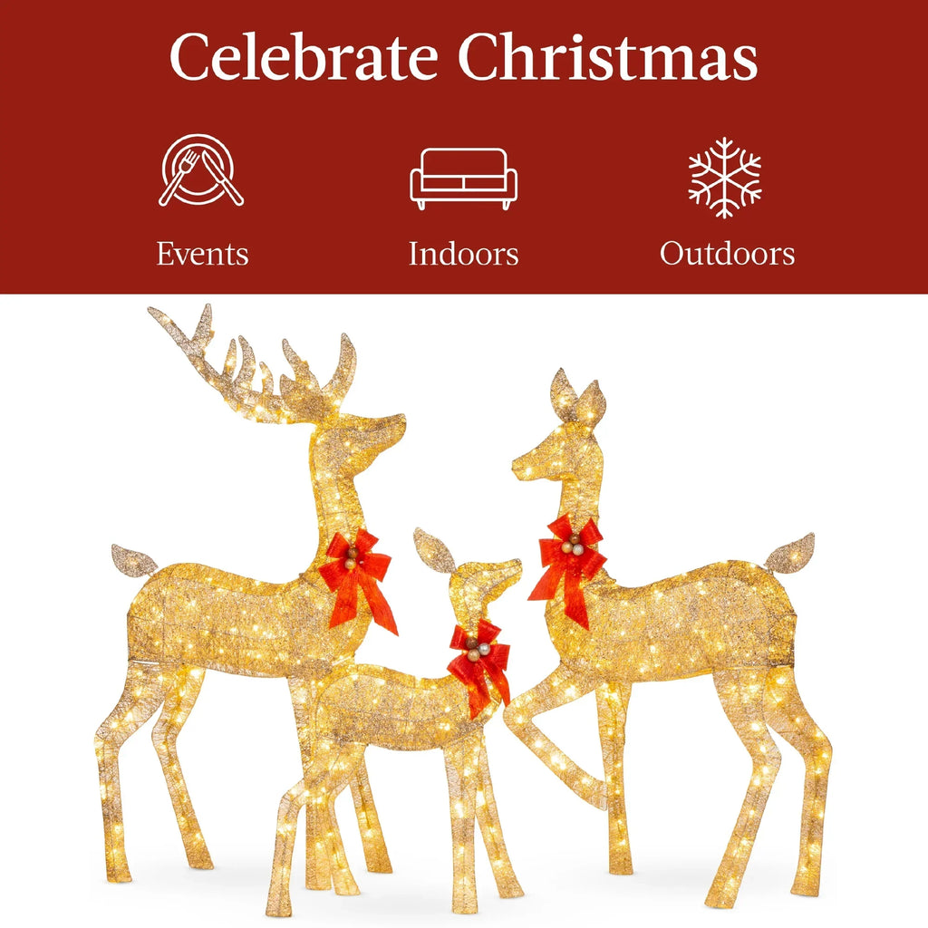 2026 NewBest Choice Products 6.5ft 3-Piece Lighted Christmas Deer Set Outdoor Yard Decoration w/ 385 LED Lights, Stakes - Gold