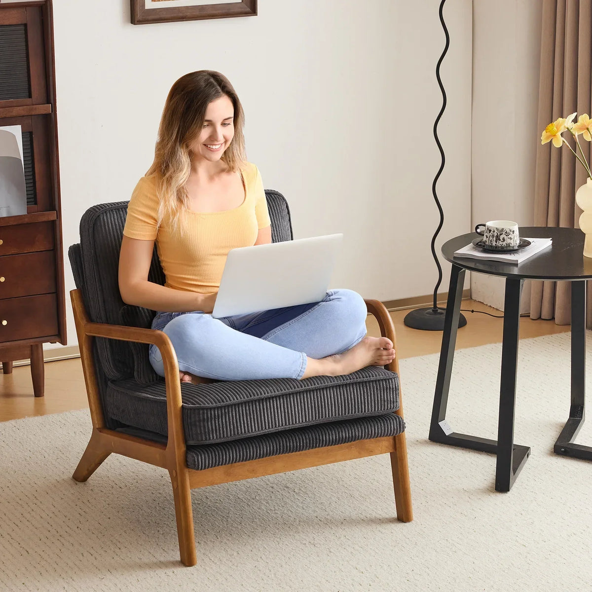 2026 NewKtaxon Accent Chair Corduroy Upholstered Armchair, Reading Club Chair with Pillow and Solid Wood Frame for Living Room Bedroom Furniture Off White