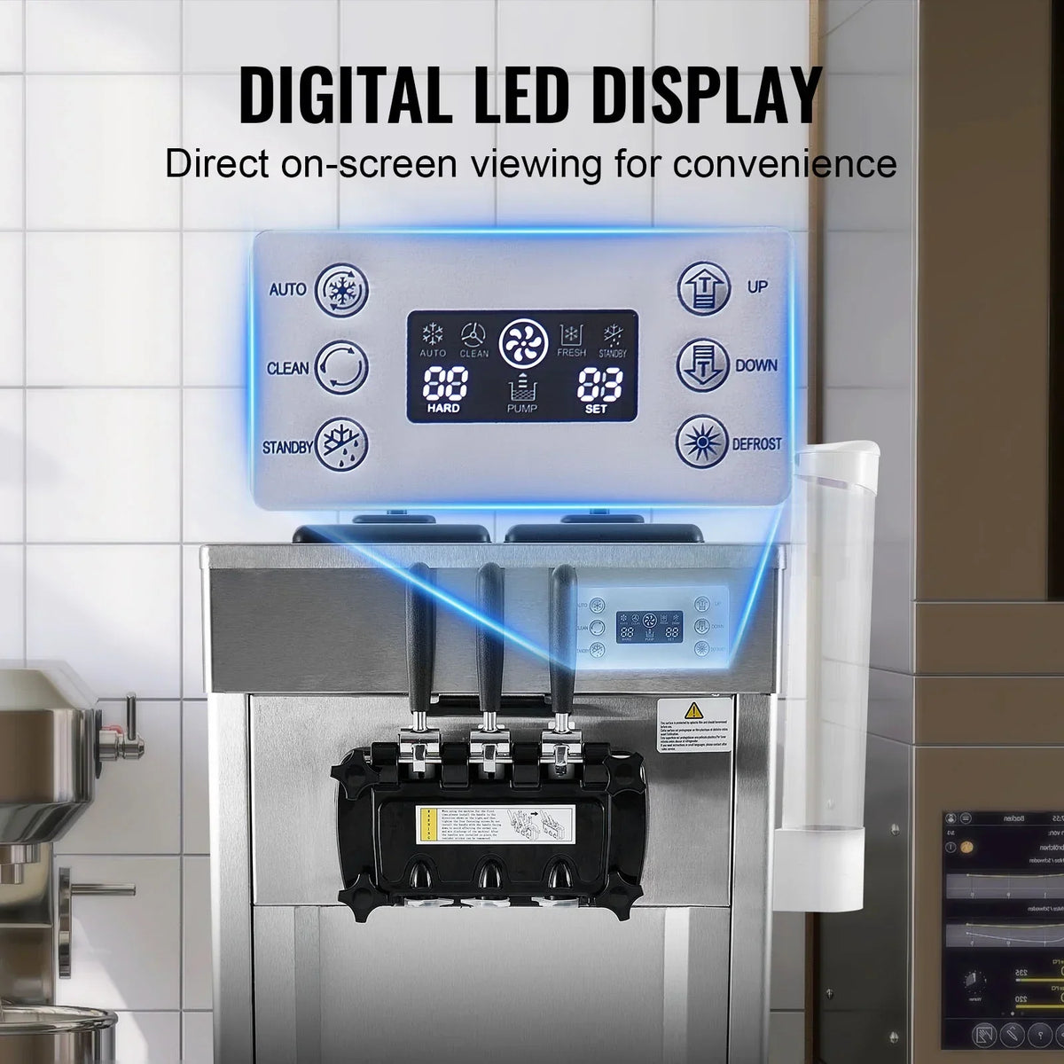 2026 NewKFFKFF Commercial Soft Ice Cream Machine 21-31 L/H Output 3-Flavor LED Display Auto Clean 4.3L/1.1GAL Hopper,1.7L/0.45gal Cylinder