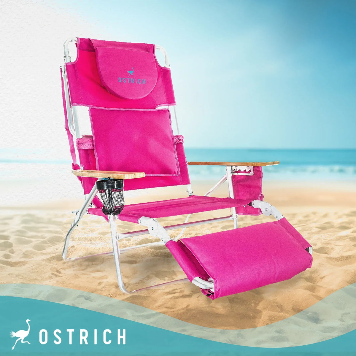 2026 NewOstrich Deluxe 3N1 Lightweight Outdoor Beach Lounge Chair w/Footrest, Pink