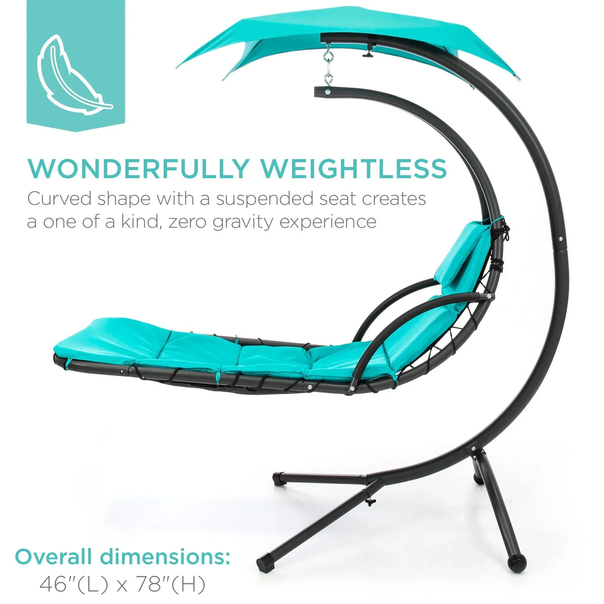 2026 NewBest Choice Products Hanging Curved Chaise Lounge Chair Swing for Backyard, Patio w/ Pillow, Shade, Stand - Teal