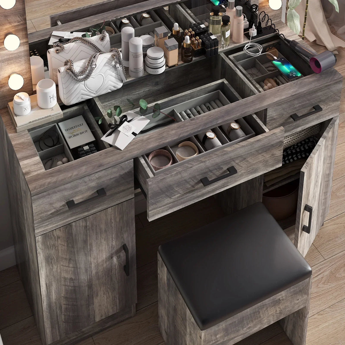 2026 NewKtaxon Large Makeup Vanity, Vanity Table Set w/ Visible Glass Top w/ Charging Station, White