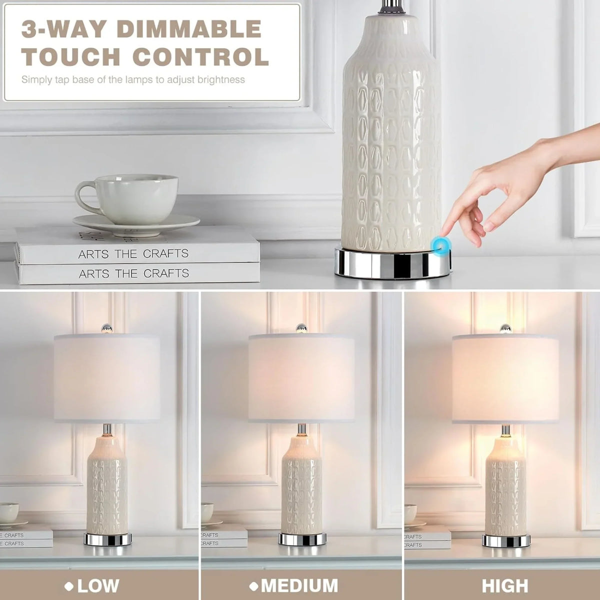 2026 NewCinkeda Table Lamp Set of 2 for Living Room Bedroom with USB Ports AC Outlet 3 Way Dimmable Touch Nightlight Farmhouse White Floral Nightstand Bedside Lamps