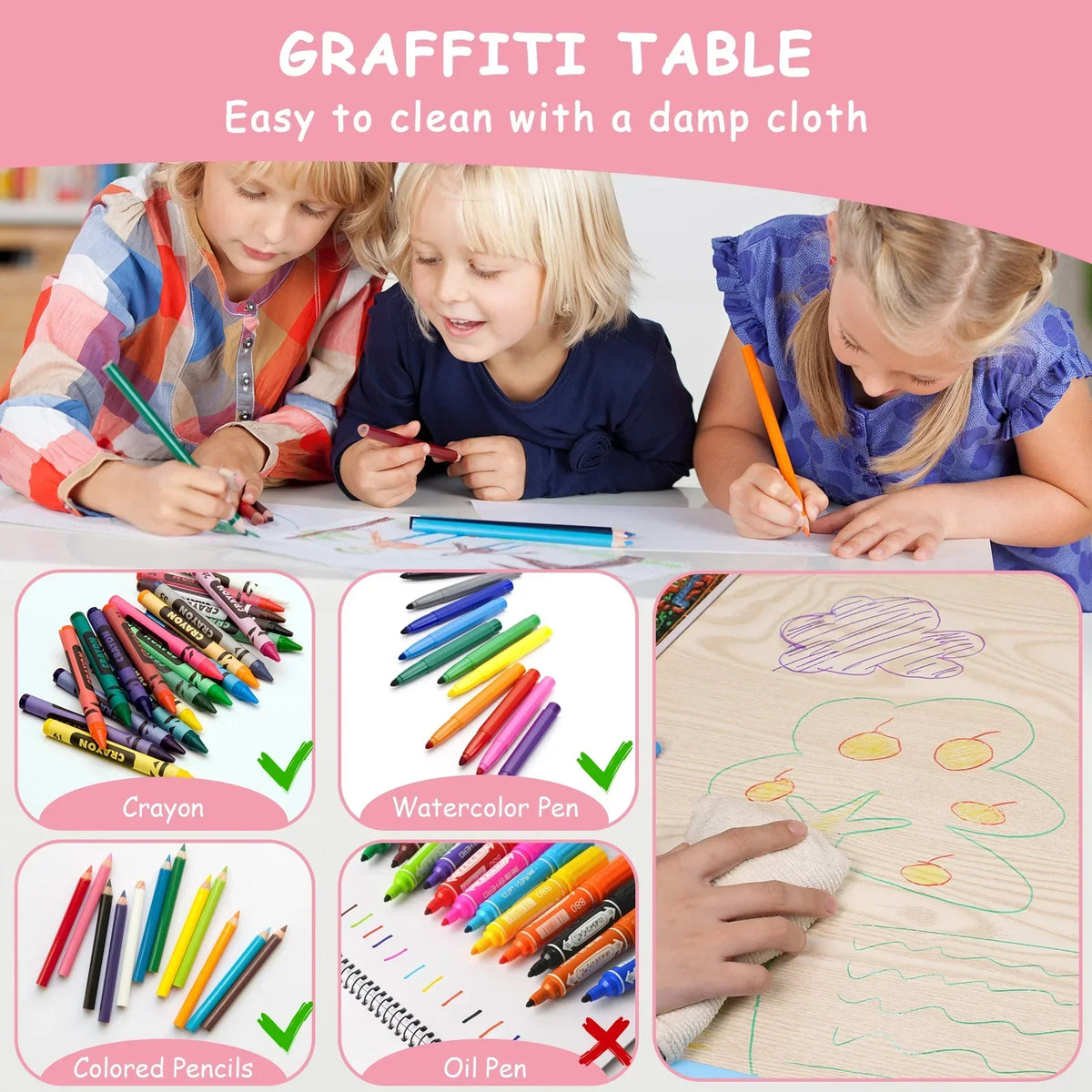 2026 NewLAZY BUDDY Kids Table and 4 Chairs Set, Height Adjustable Toddler Desk with Graffiti Desktop, Kids Activity Table Set for Daycare, Home