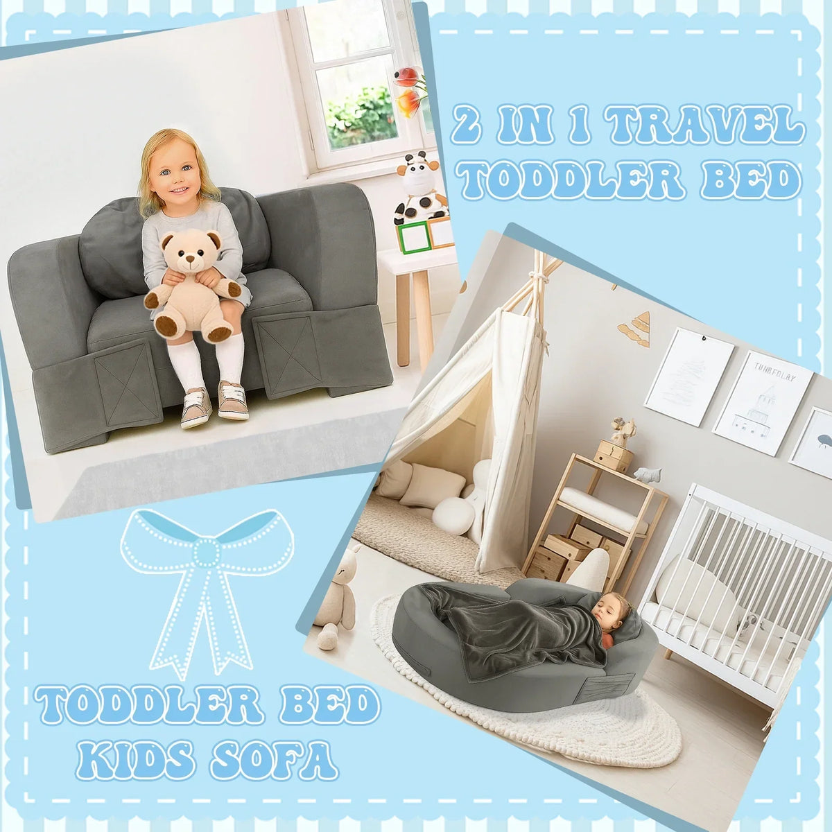2026 NewCoumy Toddler Travel Bed 2-in-1 Kids Sofa Chair with Removable Cover, Soft Foam Portable Foldable Toddler Bed for Travel with Carrying Bag, Blue