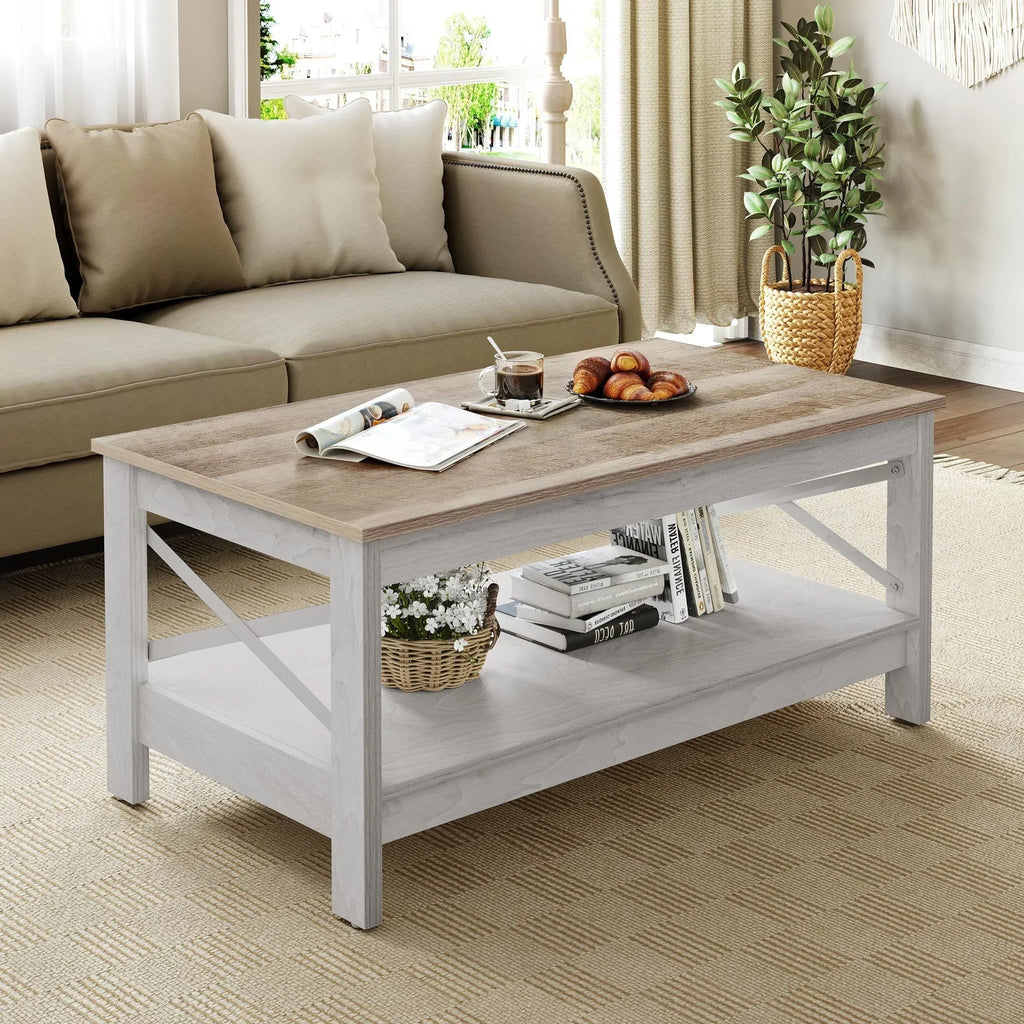 2026 NewMoasis Farmhouse Coffee Table with Storage 2-Tier Center Table for Living Room Grey Wash Top+White