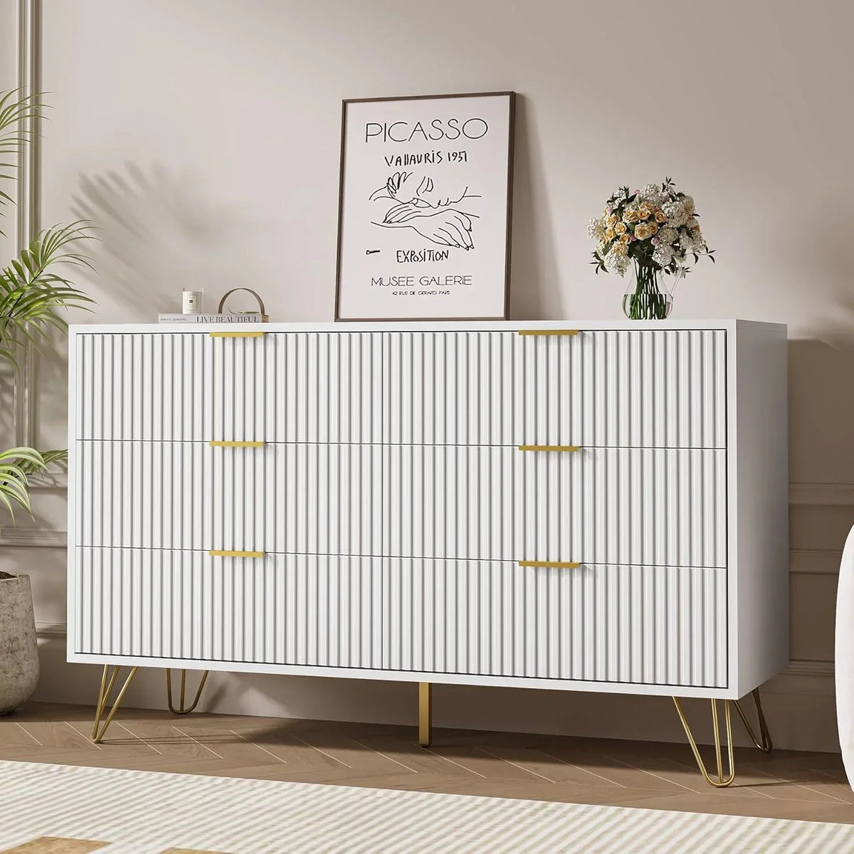 2026 NewFURNIWAY White 6 Drawer Dresser for Bedroom, Modern Dresser with Gold Metal Handles,Fluted Wood TV Stand for Living Room, Hallway