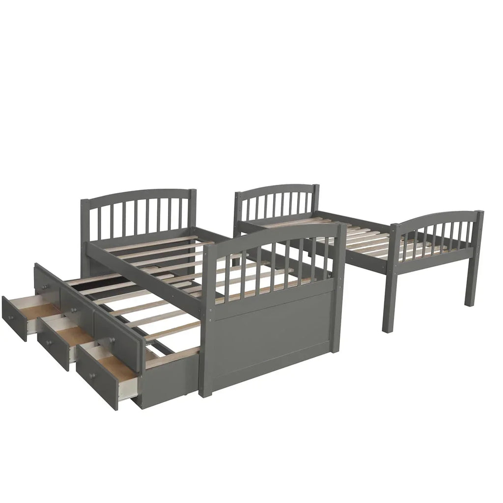 2026 NewTwin-Over-Twin Bunk Bed with 3 Storage Drawers, Twin Bunk Bed Frame with Ladder & Safety Rail, Pinewood Trundle Bunk Bed for Teen Bedroom, Guest Room Furniture, Can be Convertible to 2 Beds, Gray