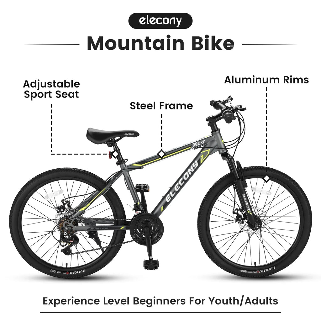 2026 NewClearance! Saver100 24 Inch Mountain Bike Boys Girls, Steel Frame, Shimano 21 Speed Mountain Bicycle with Daul Disc Brakes and Front Suspension MTB