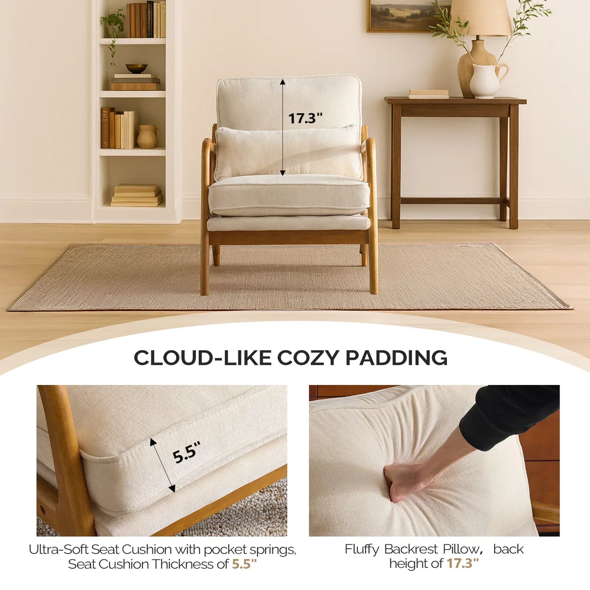 2026 NewKtaxon Accent Chair Corduroy Upholstered Armchair, Reading Club Chair with Pillow and Solid Wood Frame for Living Room Bedroom Furniture Off White