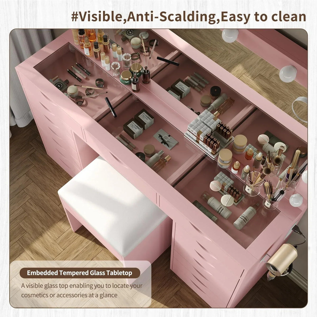 2026 NewYanosaku 15 Drawers Vanity Desk with Power Outlet, Makeup Table with Mirror and 13 LED Lights, 3 Color Lighting Modes, Brightness Adjustable, Glass Top Dressing Table, Vanity Set for Bedroom