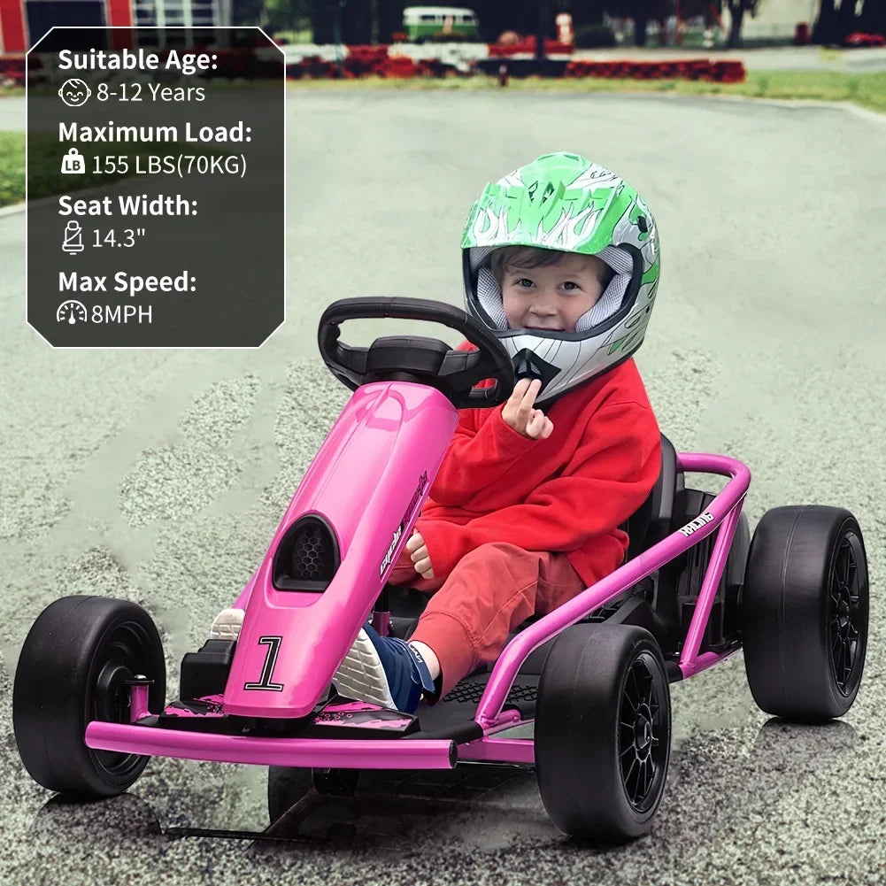 2026 NewSimzone Go Kart for Kids 24V Battery 300WX2 Motors Pedal On Foot Go Cart 8MPH High Speed Drifting Car with Slow Start Function Music Elastic Durable Tires, Blue