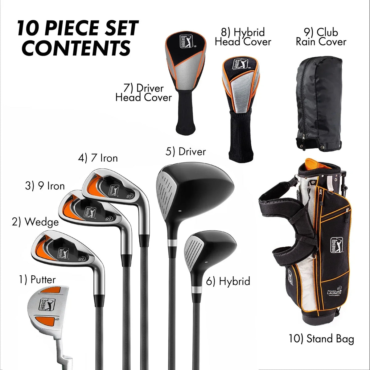 2026 NewPGA Tour Right-Handed 10 Piece Kids Golf Club Stand Bag Set; Player Height 4'8 - 5'2", Ages 8-12