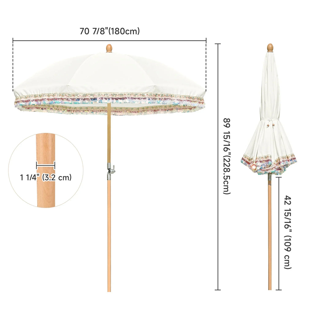 2026 NewLAGarden 6 Ft Fringe Patio Umbrella with Tassel Jazz Age Wood UPF50+ for Outdoor, Beige with gold tassel,Model: JZ6-01