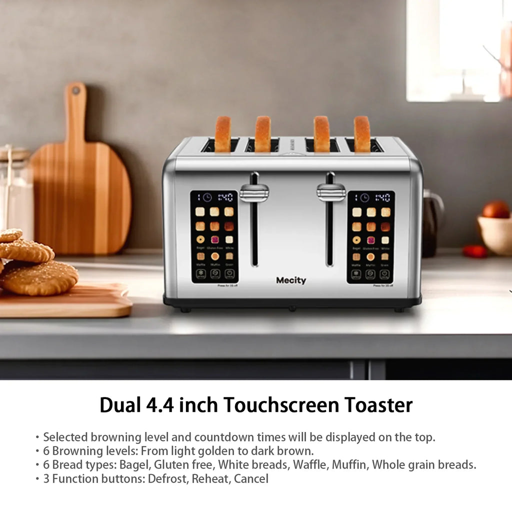 2026 NewMecity 4-Slice Touchscreen Toaster, Stainless Steel, 6 Browning Settings, Reheat, Cancel, Defrost, Removable Tray