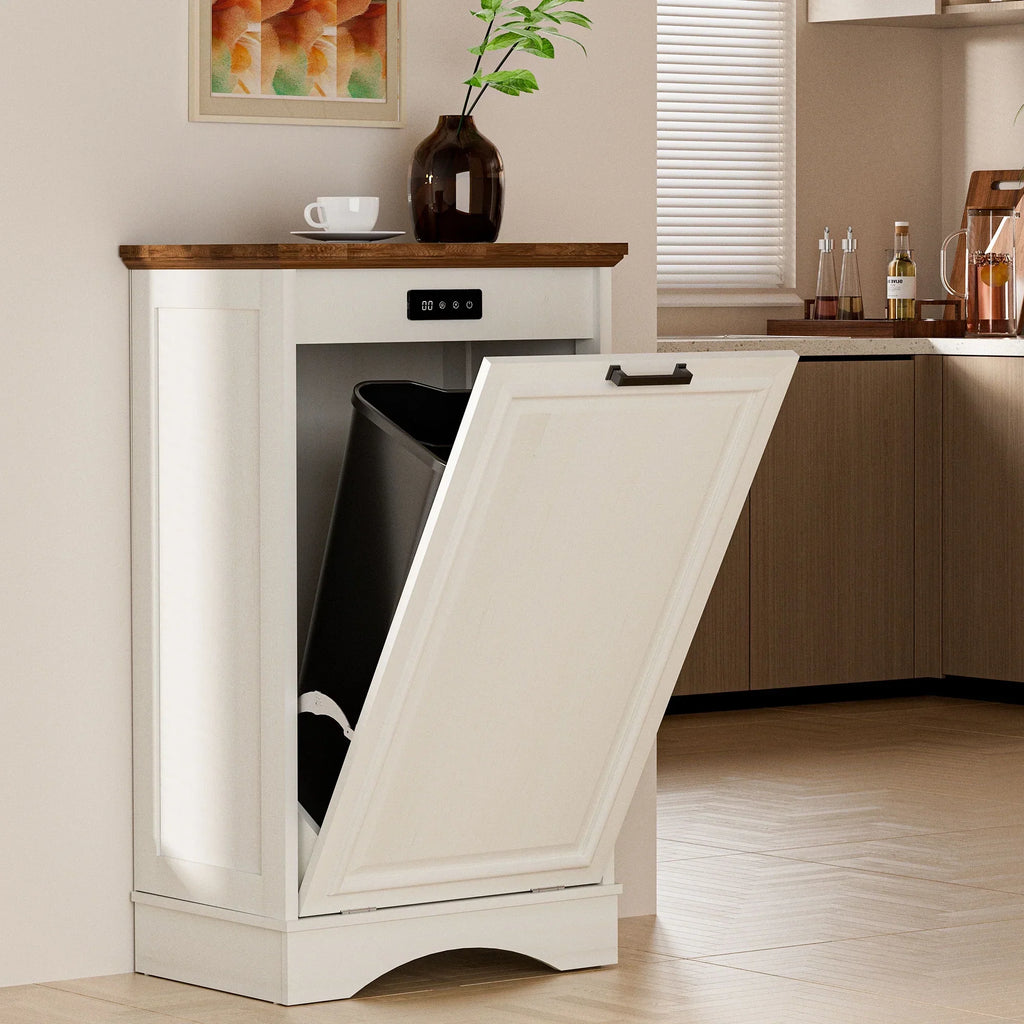 2026 NewHARIPUL Single Tilt Out Trash Cabinet for 13 Gallon Waste Bin, Free Standing Kitchen Trash Can Cabinet with Drawers, White