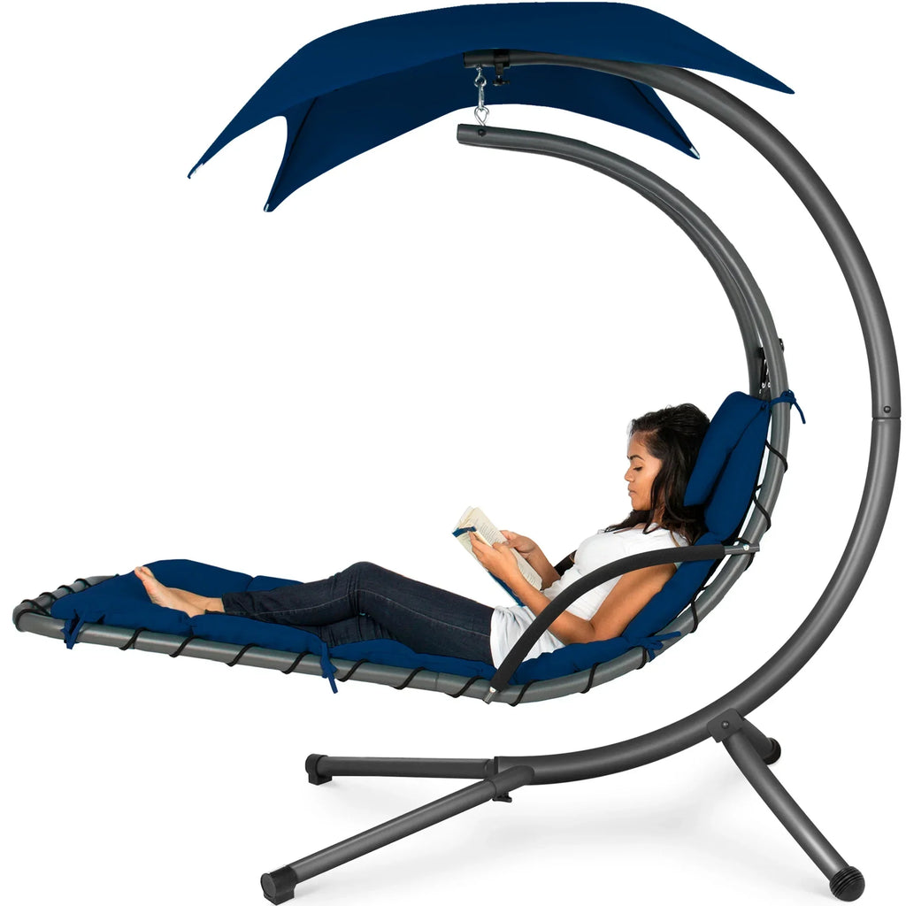2026 NewBest Choice Products Hanging Curved Chaise Lounge Chair Swing for Backyard, Patio w/ Pillow, Shade, Stand - Teal