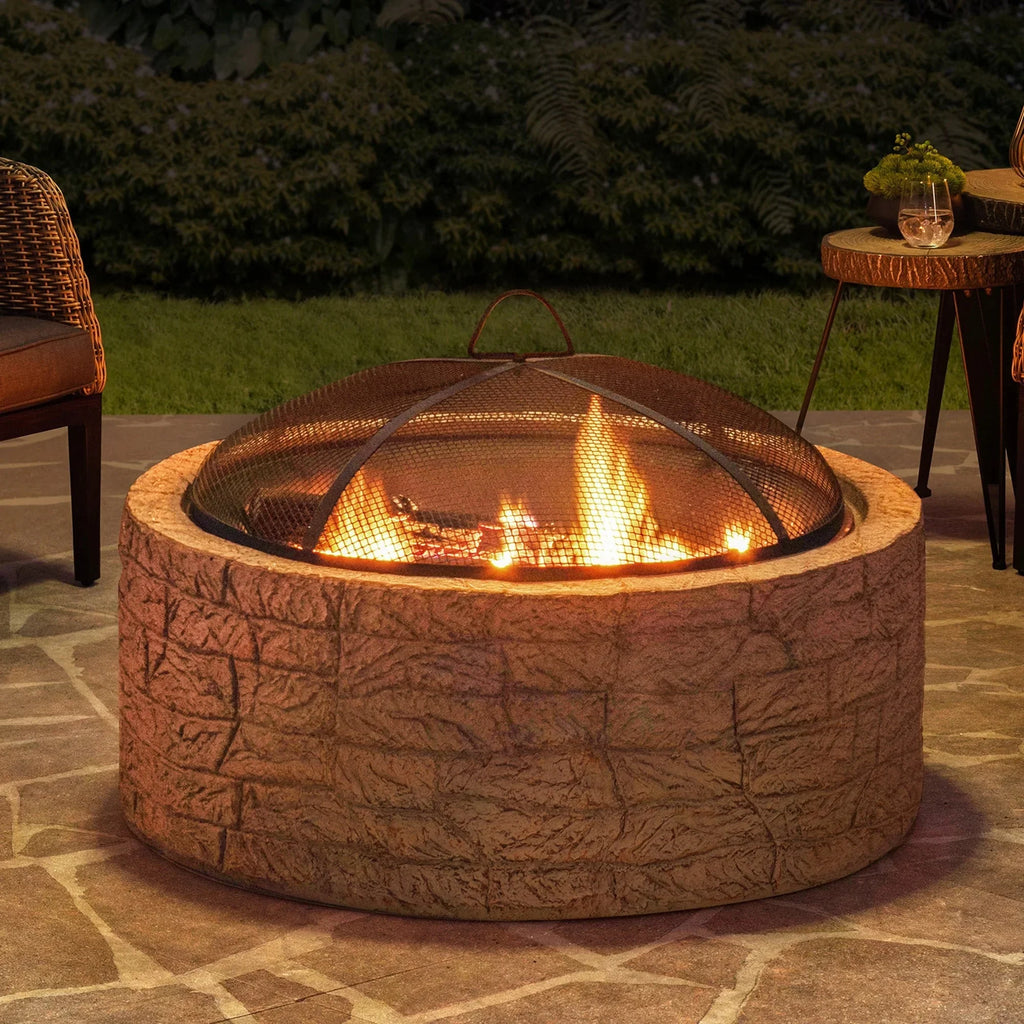 2026 NewSunjoy Stone Fire Pit 26 Inch, Outdoor Round Wood Burning Fire Pits with Spark Screen and Poker Grey
