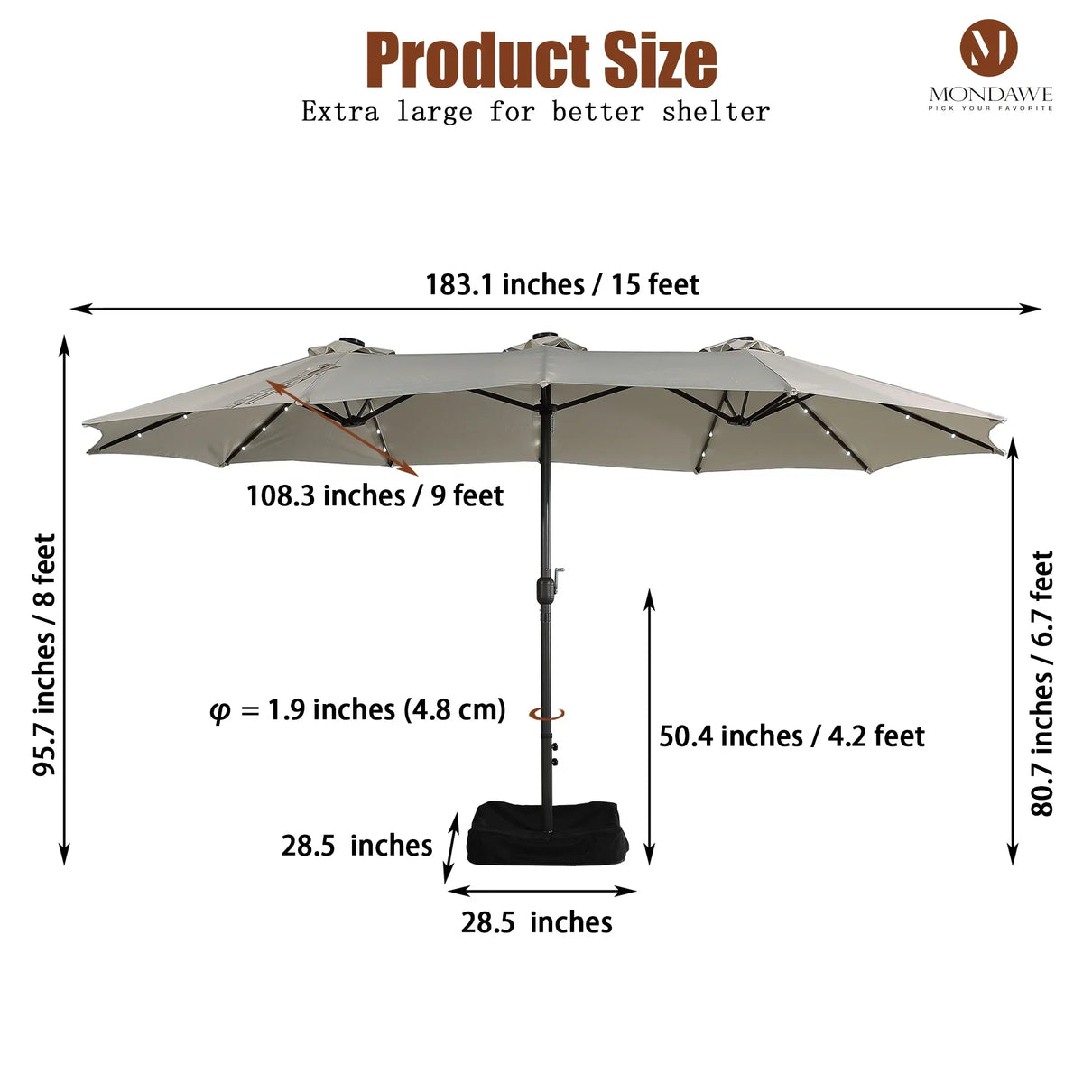 2026 NewMondawe 15ft Patio Umbrella Rectangular Outdoor Market Umbrella with Base and LED Lights Beige