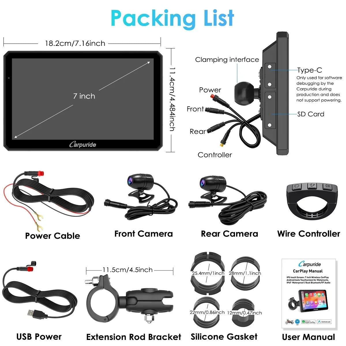 2026 NewCarpuride Motorcycle HD Dual 1080P Dash Cam, Wireless Apple CarPlay & Android Auto Wire Control, Horizontal Vertical Rotation 7" Touch Screen (712D)