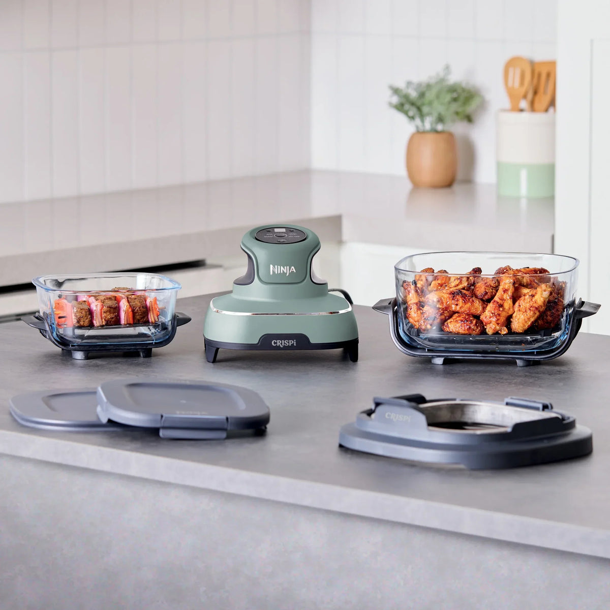 2026 NewNinja Crispi 4-in-1 Portable Glass Air Fryer Cooking System, 4-Qt & 6-Cup Containers, Cyberspace
