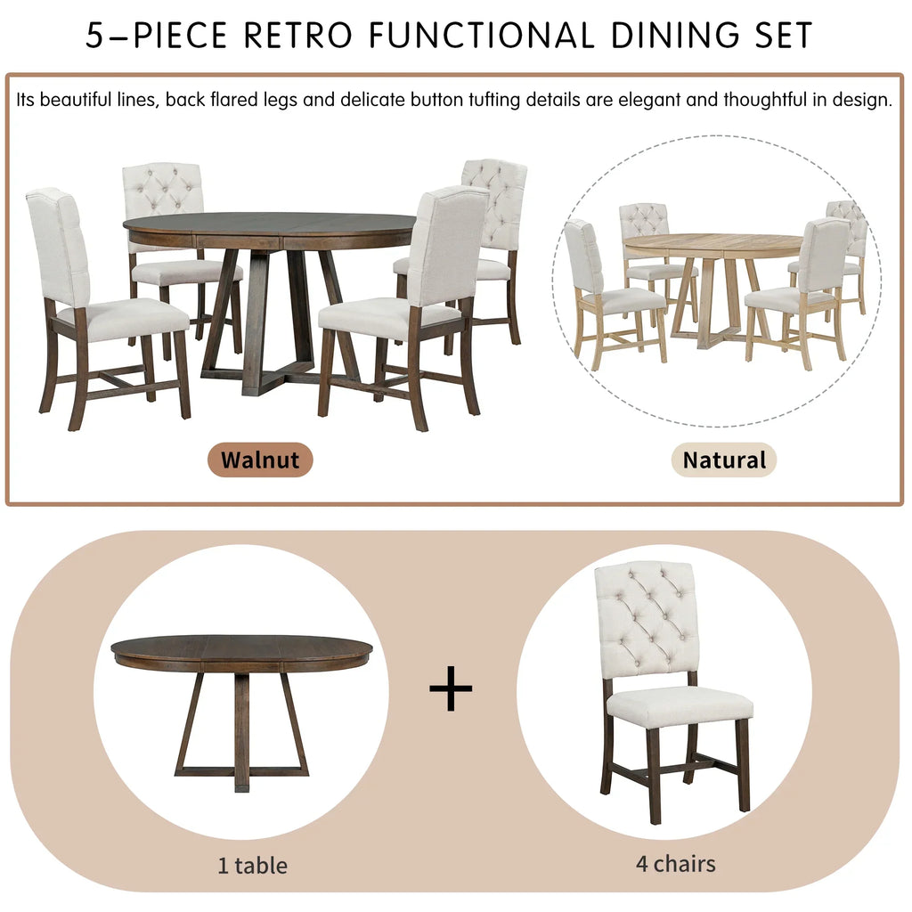 2026 New5 Piece Round Dining Table Set, Dining Room Set with Extendable Table and 4 Upholstered Chairs, Wood Dining Table Set for 4, Farmhouse Dining Table Set for Kitchen Dining Room Dorm Apartment, Brown
