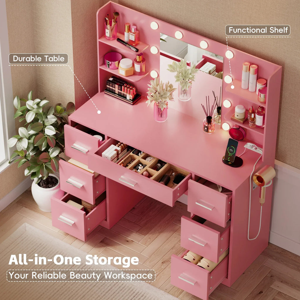 2026 NewLacoo Vanity Desk with Mirror and LED Lights, Makeup Vanity with 7 Drawers & 4 Shelves, Vanity Table with Power Outlet for Bedroom Dressing Room, White