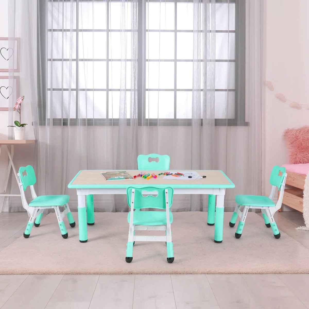 2026 NewLAZY BUDDY Kids Table and 4 Chairs Set, Height Adjustable Toddler Desk with Graffiti Desktop, Kids Activity Table Set for Daycare, Home