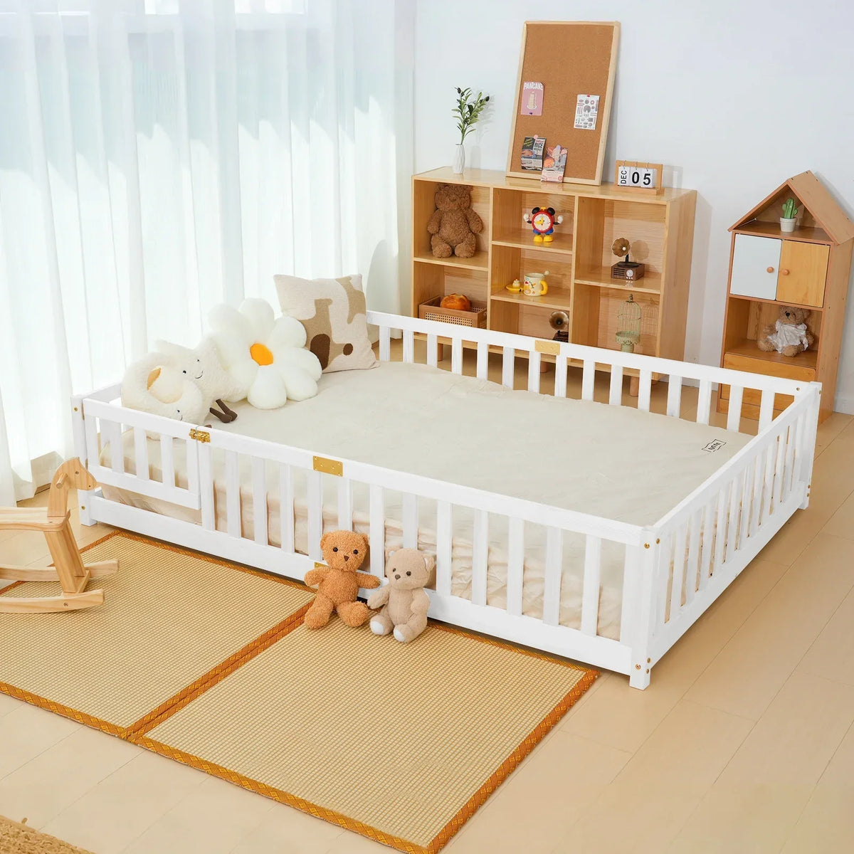 2026 NewSlsy Twin Size Toddler Floor Bed, Solid Wood Montessori Bed Frame with Fence & Door Montessori Floor Bed Crib with Safety Guardrails for Girls and Boys